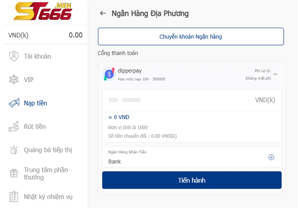 Nạp tiền qua ngân hàng