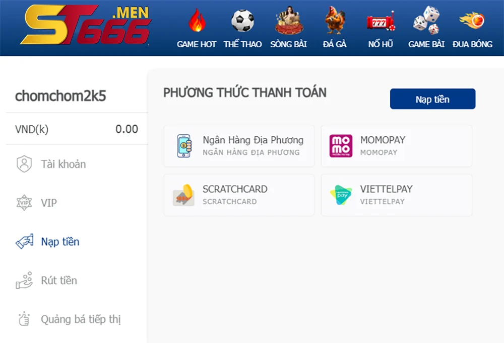 Nhiều phương thức nạp tiền khác nhau